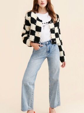 Checkered Cardigan Cropped Sweater